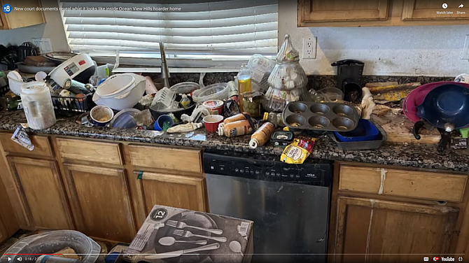 Countertops buried under dirty dishes, used utensils, and containers.