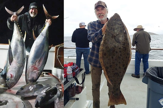 (left): Solid yellowfin tuna are still being caught, as exampled by this nice pair caught aboard the Old Glory during a 1.5-day run.
(right): The increased pressure on inshore fishing has produced some decent halibut this fall, including this fat flatty caught aboard the Daily Double.