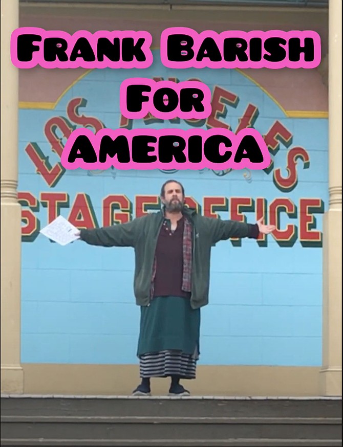 A still from Frank Barish’s YouTube video of himself delivering his stump speech in Old Town.