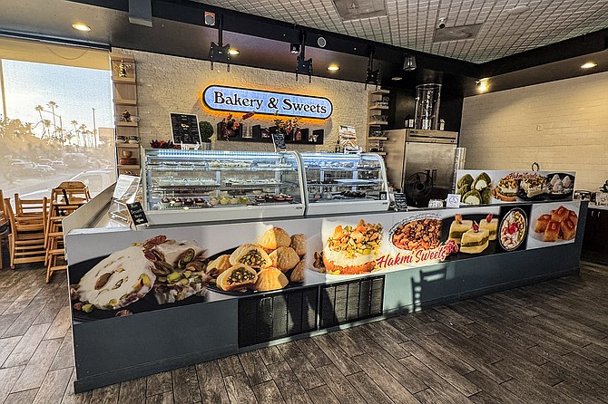 A dessert counter inside a Mediterranean Grill