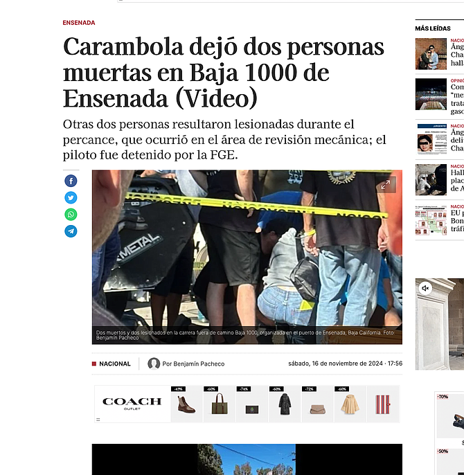 Story about Baja 1000 accident in Ensenada paper