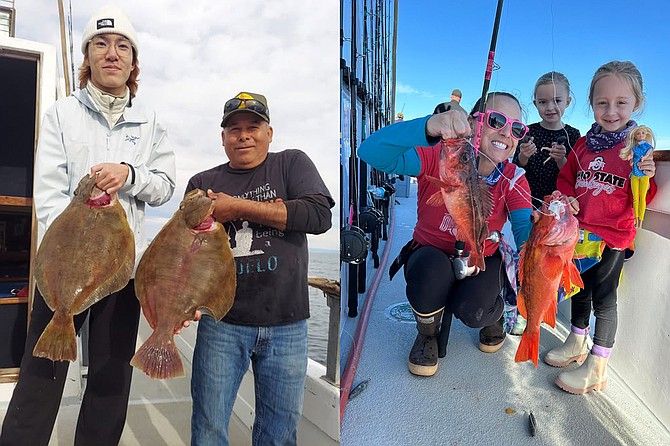 (left): Two large petrale sole caught aboard the Daily Double while fishing off the Nine Mile Bank.
(right): Usually running much further for big game, the Tribute targeted rockfish close to home on a ‘friends’ trip which brought big smiles for the kids aboard.