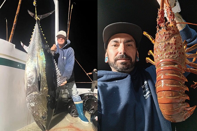 (left): A 290-pound bluefin tuna caught on December 5 by angler John Collins while fishing south aboard the Royal Polaris on their Phenix Rods sponsored 10-day trip.
(right): Angler, deckhand, and tube bait-maker Brandon Douglass Cross with a nice bug caught aboard the sportfishing vessel Patriot during a fishing/lobster combo trip running out of H&M; Landing.