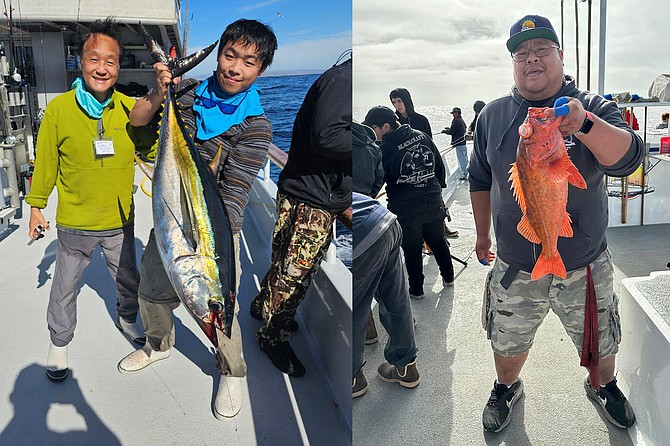 (left): December yellowfin biting well for these happy anglers while fishing aboard the Independence on their Christmas 5-day run.
(right): San Diego fishing guru John Ho with his jackpot-winning vermilion rockfish caught while fishing aboard the Dolphin half-day trip.