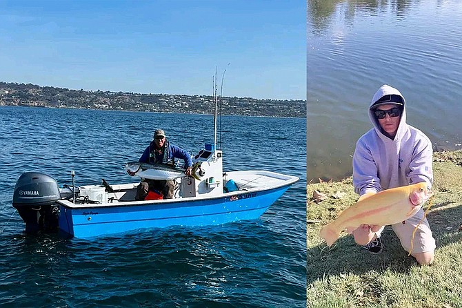 (left): Matt Rabasco with his solid 40-pound-plus yellowtail caught off La Jolla.
(right): Santee Lakes trout Reopener will feature lightning trout to good size, as witnessed by this hefty unit caught earlier this season.