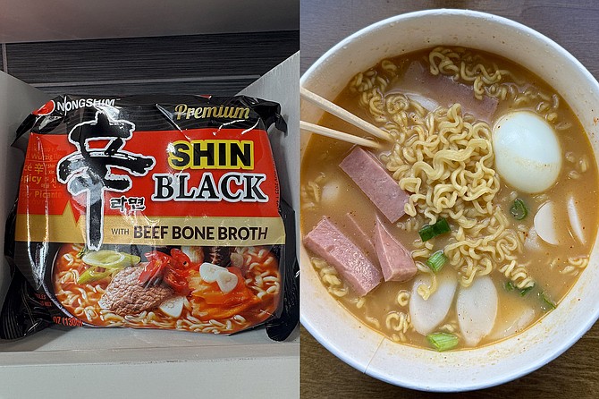 A recommended package of Shin Black ramen, and the resulting noodles with toppings added
