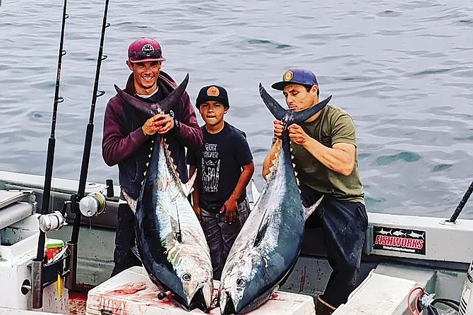 The Catian Brothers of K&M Sportfishing in San Quintin, Baja California, with a nice pair of bluefin caught in April, 2022.