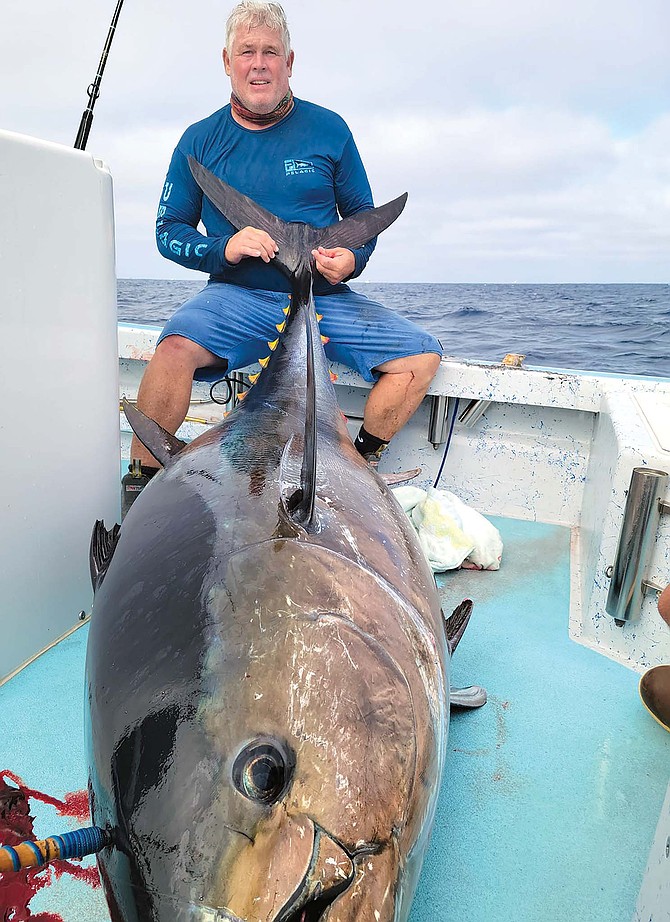 Floyd Sparks poses with his California state record Pacific bluefin tuna caught near the Tanner Bank in 2021.