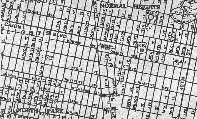 Achilles Drive, a tiny street that first appeared in East San Diego around 1910 and stayed on the map until the late ’60s. Now it’s incorporated into the school grounds of Wilson Middle School.