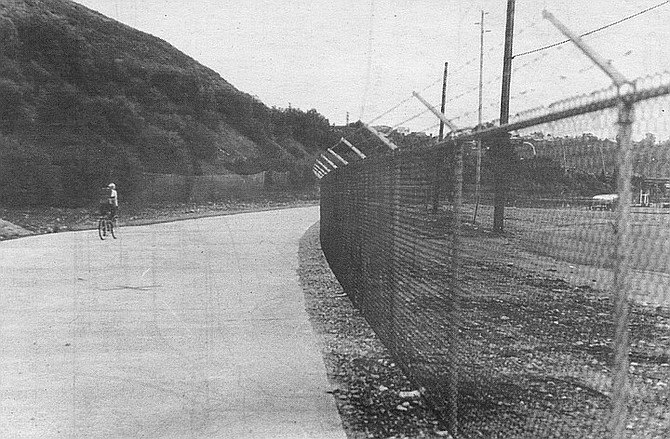 Bicycle path near southern end of Murphy Canyon Rd. Murphy was a pioneer rancher who acquired about a hundred acres of the old San Diego Mission land grant. By the time his widow put the spread up for sale in 1875, the 260 acres, was mostly filled with orange and almond groves.