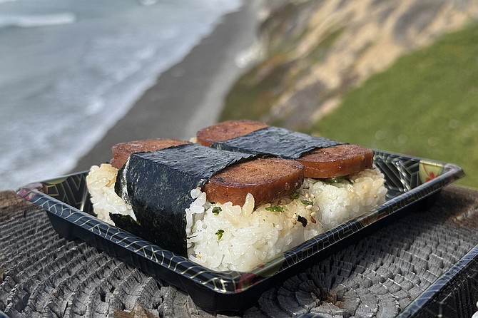 A vegan musubi from home kitchen enterprise This Musubi Love, featuring a plant-based Spam substitute.