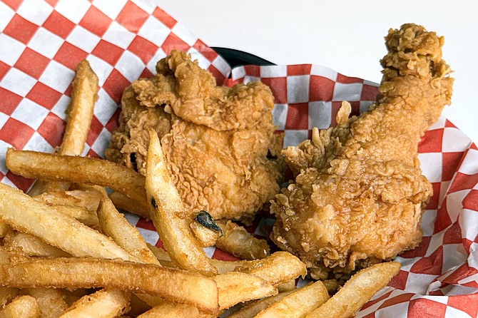 The all day combo, with one leg, one thigh, a side of fries and a drink