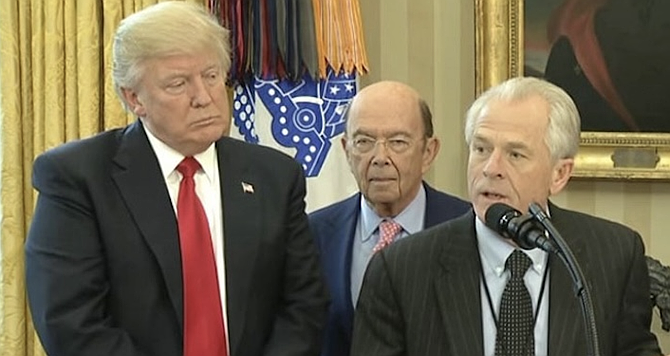 Nobody is yet writing off Navarro, described as “a one-man, anti-China trade warrior.” (Image: Trump, Wilbur Ross, Peter Navarro)