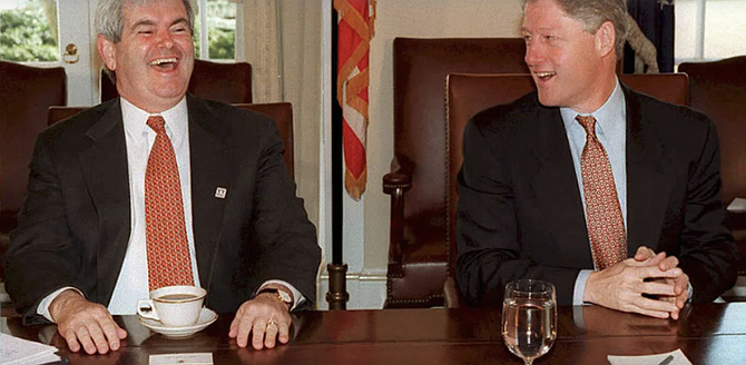 Newt Gingrich and US President Bill Clinton during a meeting of the bi-partisan leadership of Congress at the White House in Washington, DC in 1995.