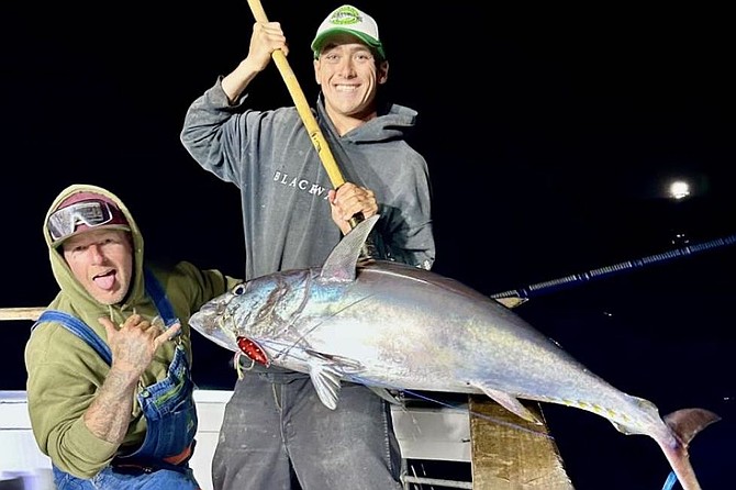 A solid bluefin tuna coming over the rail of the Tribute during a sluggish nighttime bite.