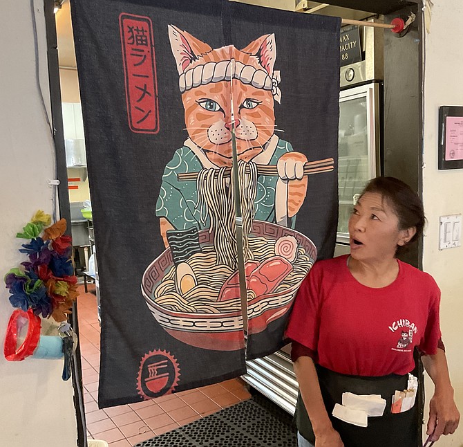 Satomi talks to the cat on the kitchen curtain.