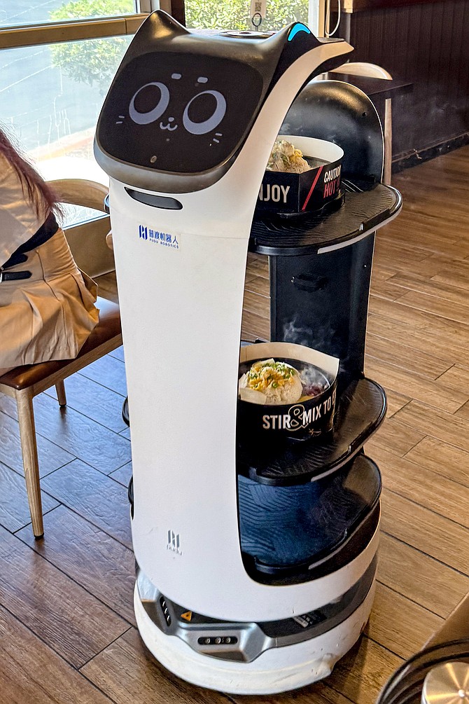 A cat robot server to carry hot platters and large bowls of soup