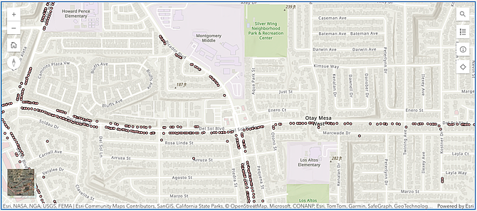 Screenshot of interactive map on city website showing Ready, Set, Grow plantings along Del Sol Boulevard in Otay Mesa