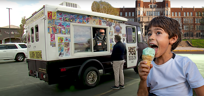 A happy, undocumented third grader outside Cesar Chavez elementary enjoys a free scoop of Papers Please Pistachio ice cream prior to being loaded into the "Vamos Van" and taken to a parking lot in downtown Tijuana for dropoff.