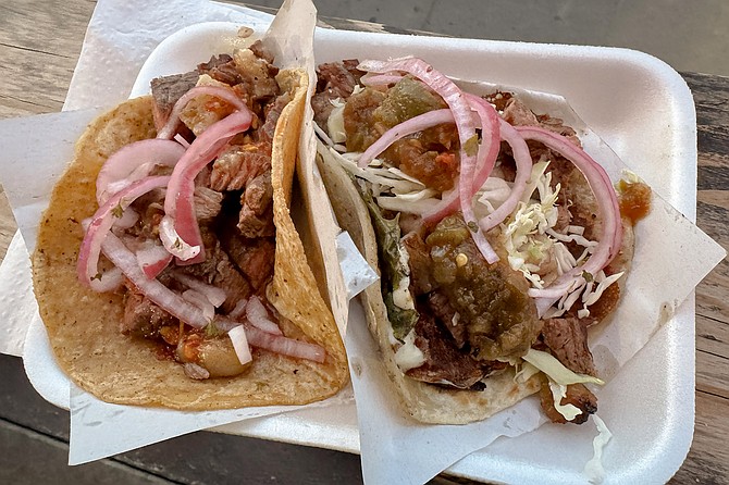 A ribeye taco (on corn tortilla), and a taco hass (with picanha, chili pepper, and cheese) on a flour tortilla