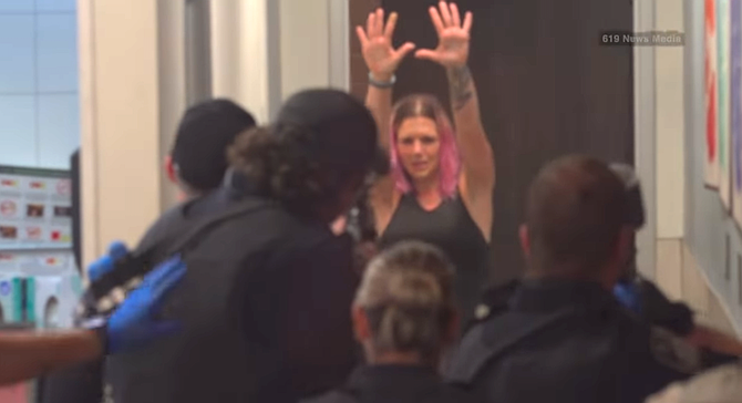 The pink-haired woman reportedly locked herself in the bathroom.