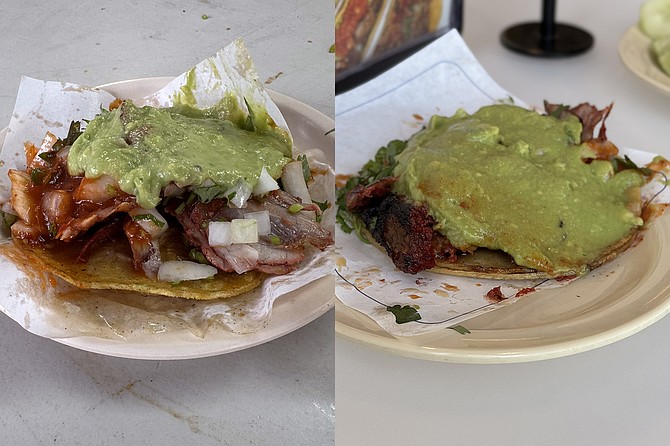 Adobado tacos served by Tacos El Franc in Tijuana (left) and National City (right)