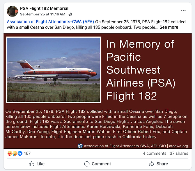 The crash came just two days before the anniversary of PSA Flight 182, the deadliest plane crash in California history
