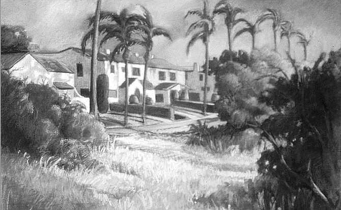 Morning Shadows on Redwood Street by Ken Goldman. Palms line a skinny street before several Spanish-tile-roofed homes.