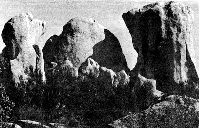 Just east of Jacumba, where Interstate 8 leads steeply down to the Colorado desert, tonalite is bared in fantastic pyramids that are one of the eeriest sights in the county.