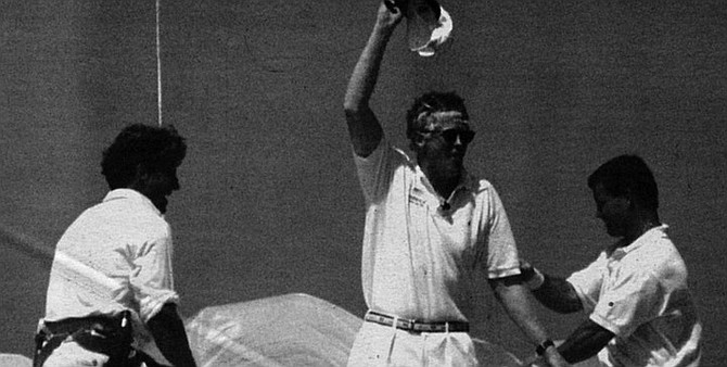 Bill Koch celebrates after America's Cup victory in 1992. "I got some kinda lame contract Marlon wanted us to sign, promising not to tell about our commando raids for Koch."