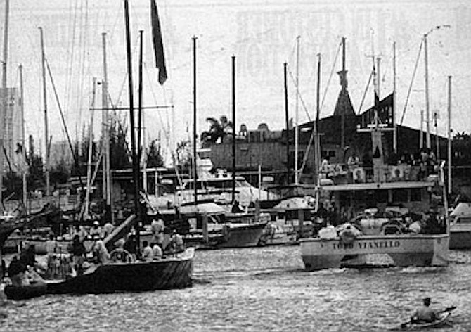 Moro di Venezia towed into San Diego Bay. "He hadn't been at the buoy anchor chain more than 15 minutes when here comes a big powerboat with a flying bridge and Il Moro under tow."