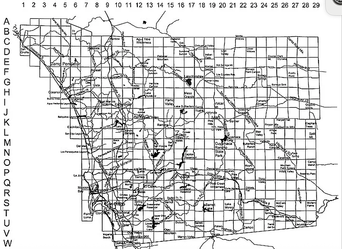 San Diego County Bird Atlas grid. "For the bird atlas we set up our grid and tried to sample each cell to some minimum threshold."