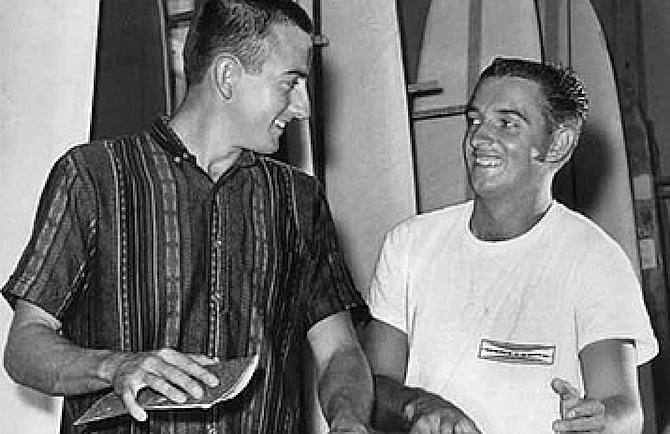 Larry Gordon and Floyd Smith. By the fall of 1959, Gordon and Smith were making and selling boards out of the garage at Smith's apartment (in an alley off Balboa Avenue, between Grand and Garnet).
