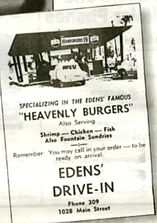 Edens Drive-in flyer. Daddy designed it. The blue beauty of his blueprints laid out on the dining room table. Construction was started in the spring of 1955. All summer we made trips back and forth to L.A.. checking out the hamburger stands.