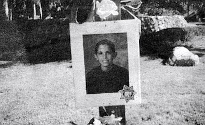 Erik Smith memorial, Jamacha Road and Brabham Street, El Cajon. "The crosswalk signal there was burned out that night. I think he thought somebody had to have the green light, and it must've been him." - Image by Sandy Huffaker, Jr.